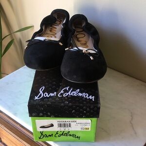 Sam Edelman Black Suede Ruffle Ballet Flats with Bow Accent